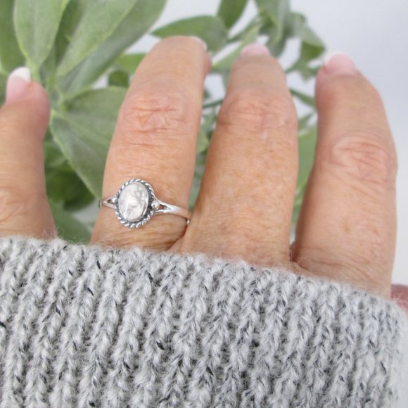 White Buffalo Turquoise ring>925 Sterling White Buffalo Ring,Dainty Turquoise - Picture 6 of 8